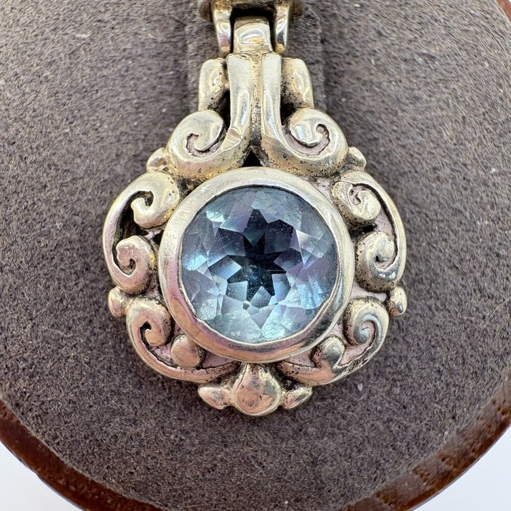 Blue Topaz Bezel Set Scroll Design Pendant Sterling Silver 925 Size 1.25" Length